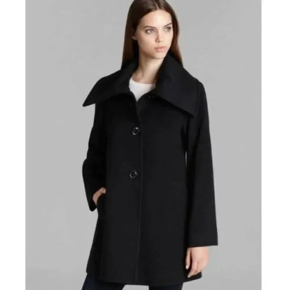 Fleurette black wool cashmere button front wide collar luxe heavy winter coat